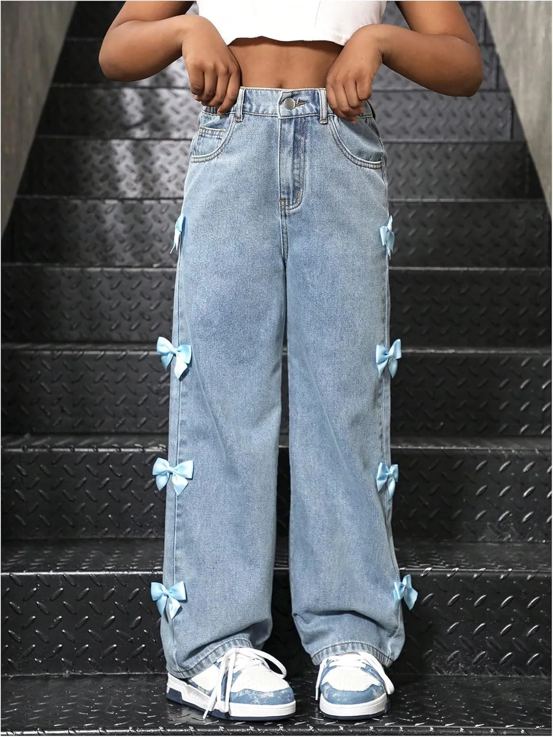 WDIRARA Girl's Cute Bowknot Elastic Waist Jeans High Waisted Straight Leg Denim Pants