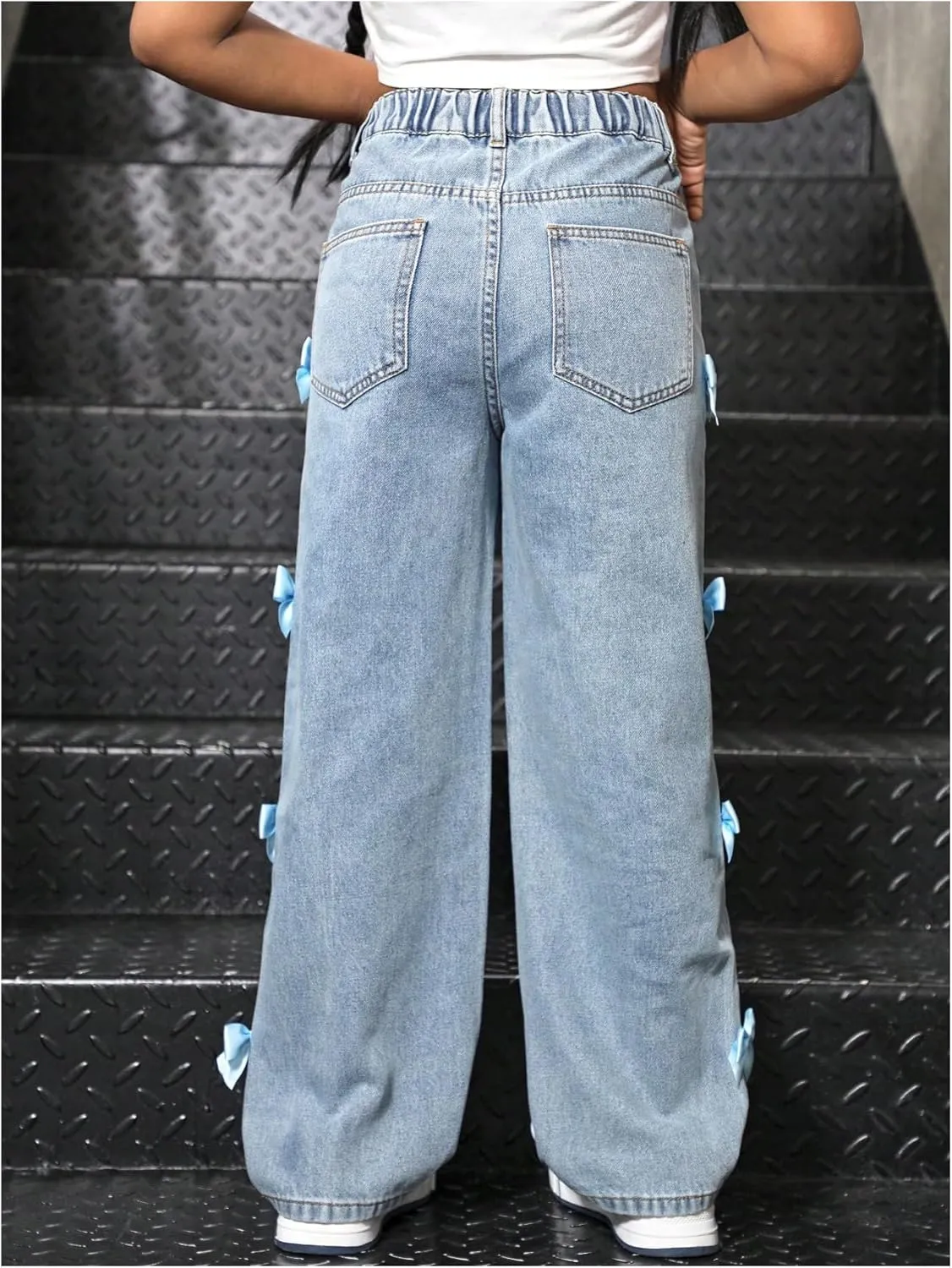WDIRARA Girl's Cute Bowknot Elastic Waist Jeans High Waisted Straight Leg Denim Pants