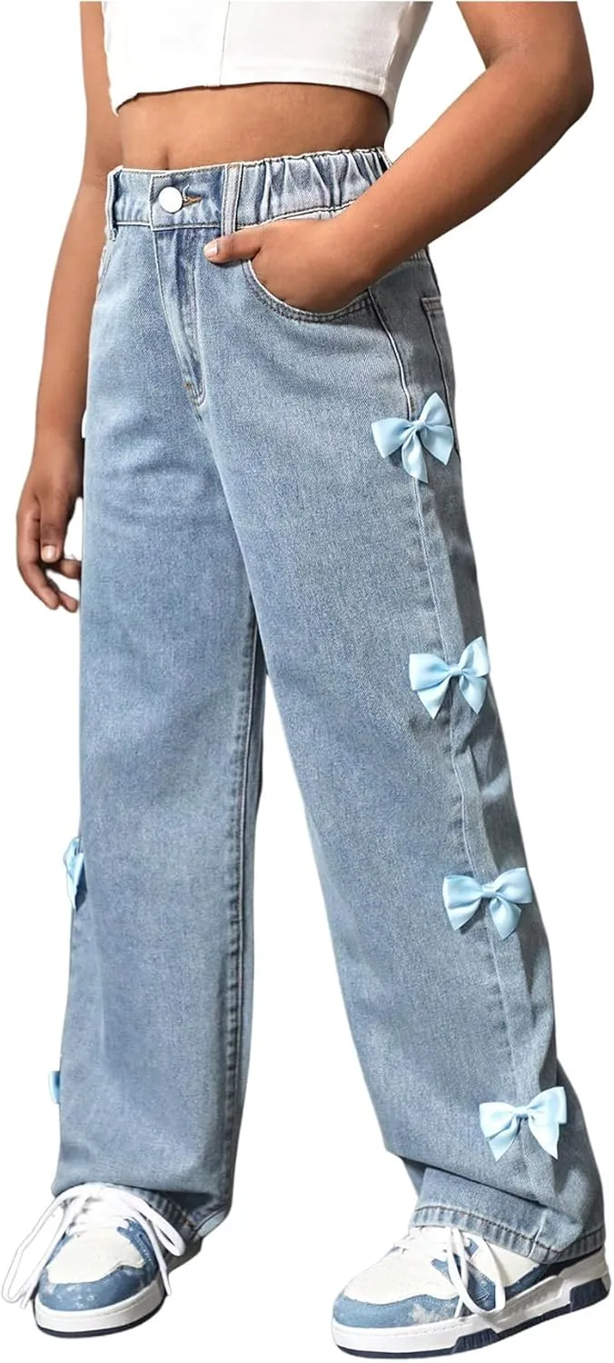 WDIRARA Girl's Cute Bowknot Elastic Waist Jeans High Waisted Straight Leg Denim Pants