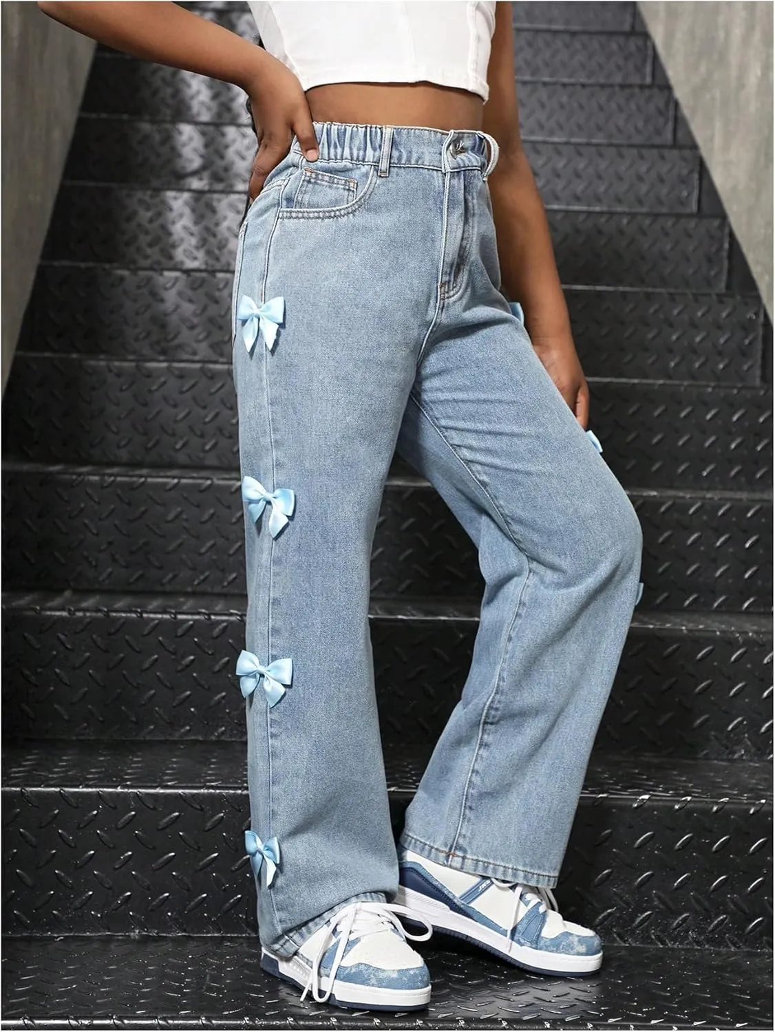 WDIRARA Girl's Cute Bowknot Elastic Waist Jeans High Waisted Straight Leg Denim Pants