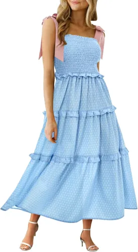 Wenrine Womens Summer Floral Maxi Dress Smocked Tie Shoulder Boho Sleeveless Ruffle Tiered Casual Beach Dresses