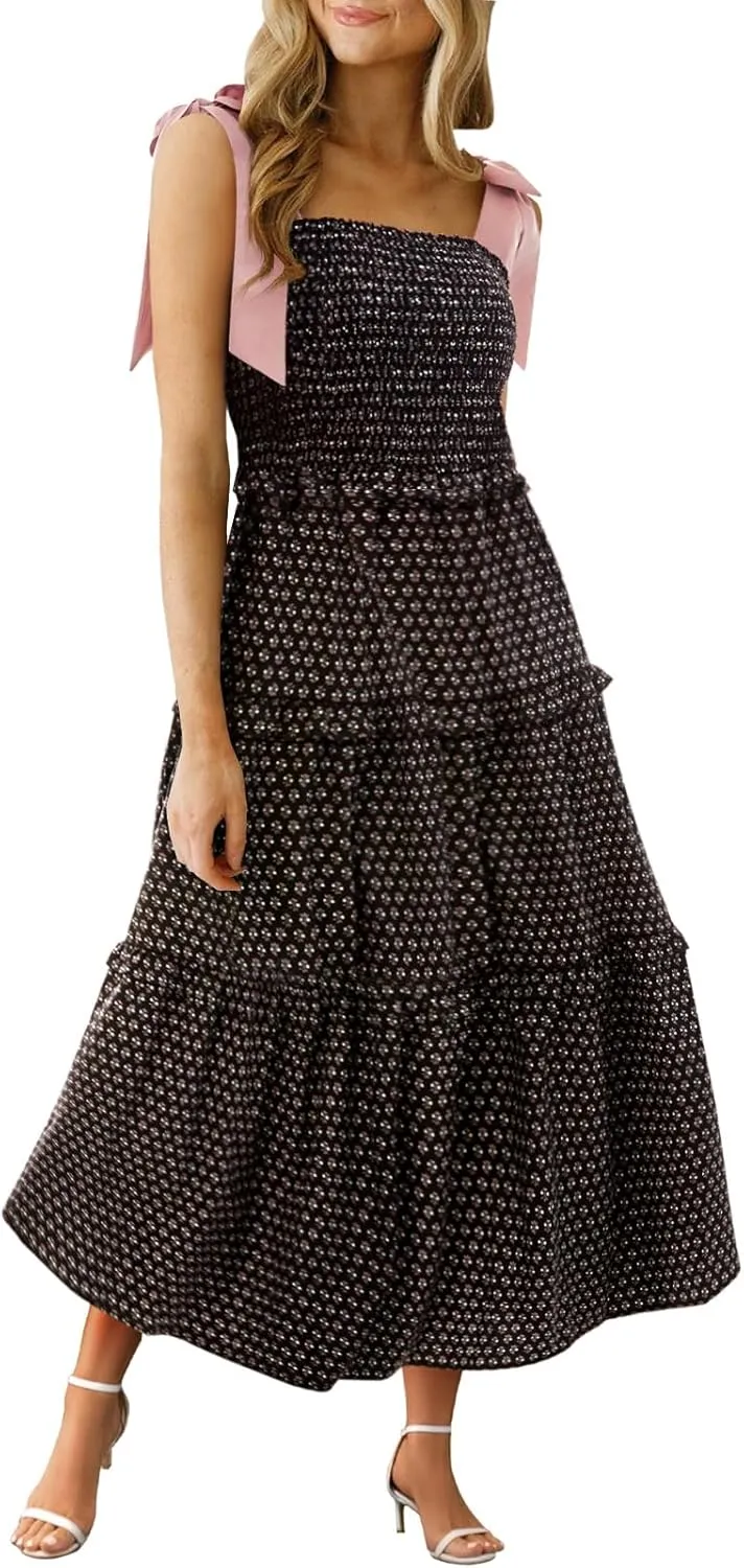 Wenrine Womens Summer Floral Maxi Dress Smocked Tie Shoulder Boho Sleeveless Ruffle Tiered Casual Beach Dresses