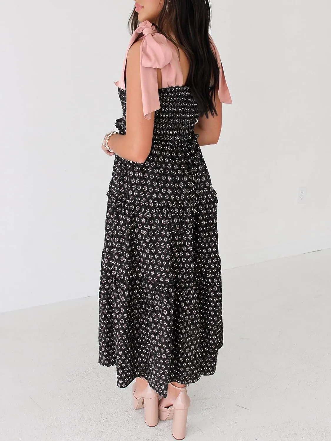 Wenrine Womens Summer Floral Maxi Dress Smocked Tie Shoulder Boho Sleeveless Ruffle Tiered Casual Beach Dresses