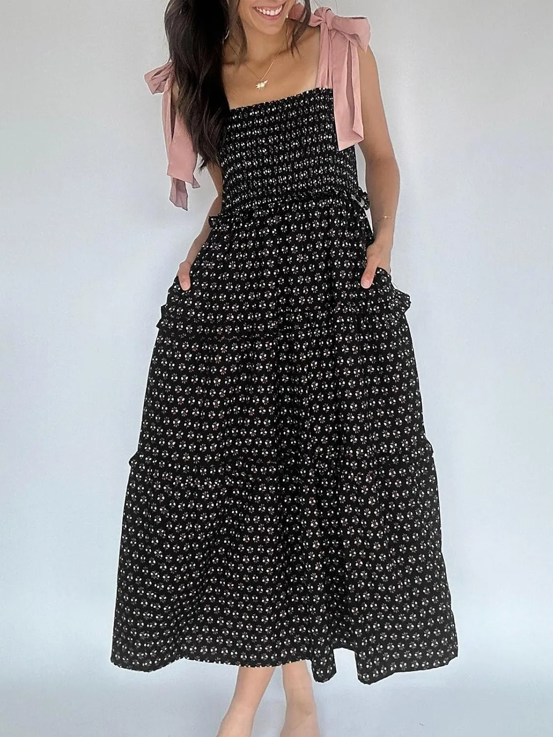 Wenrine Womens Summer Floral Maxi Dress Smocked Tie Shoulder Boho Sleeveless Ruffle Tiered Casual Beach Dresses