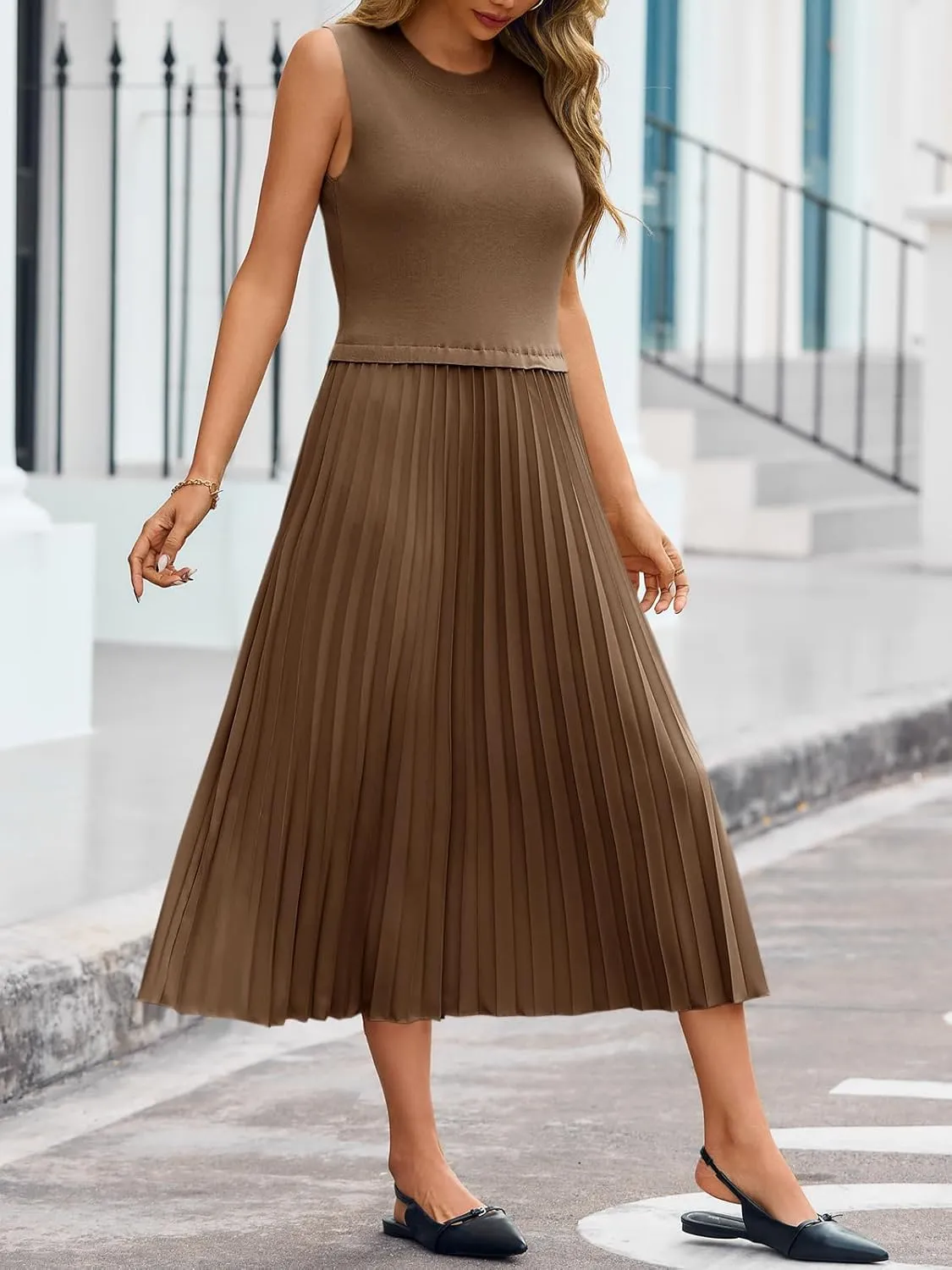 Wenrine Womens Summer Sleeveless Tank Dress Casual Knit Patchwork Crewneck Pleated Office Midi Dresses