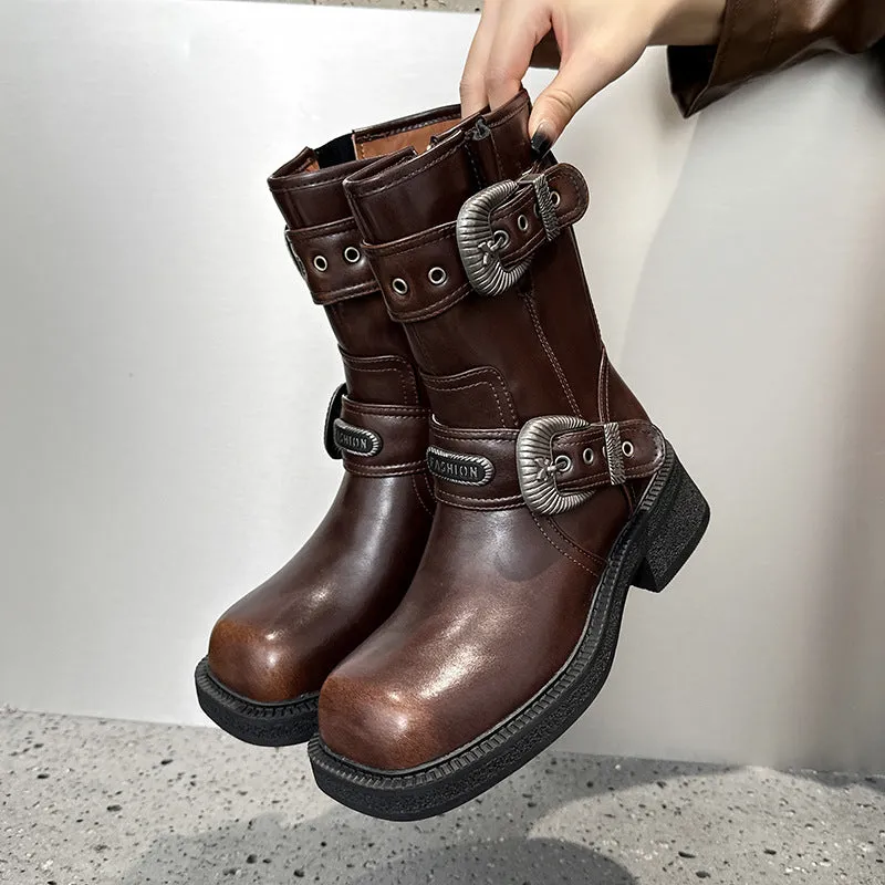 Western Buckle Square Toe Ankle Boots