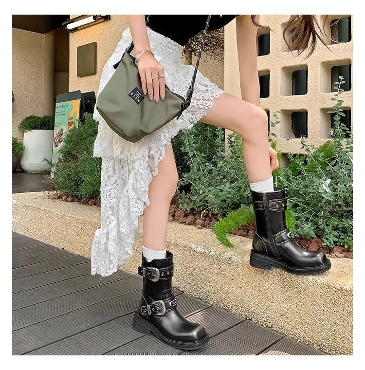Western Buckle Square Toe Ankle Boots