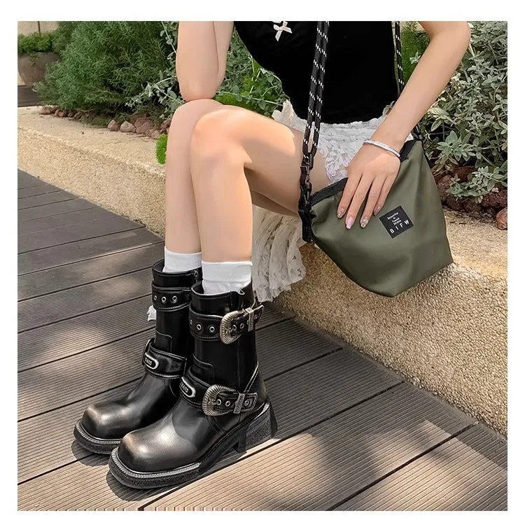 Western Buckle Square Toe Ankle Boots