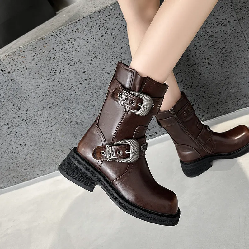 Western Buckle Square Toe Ankle Boots