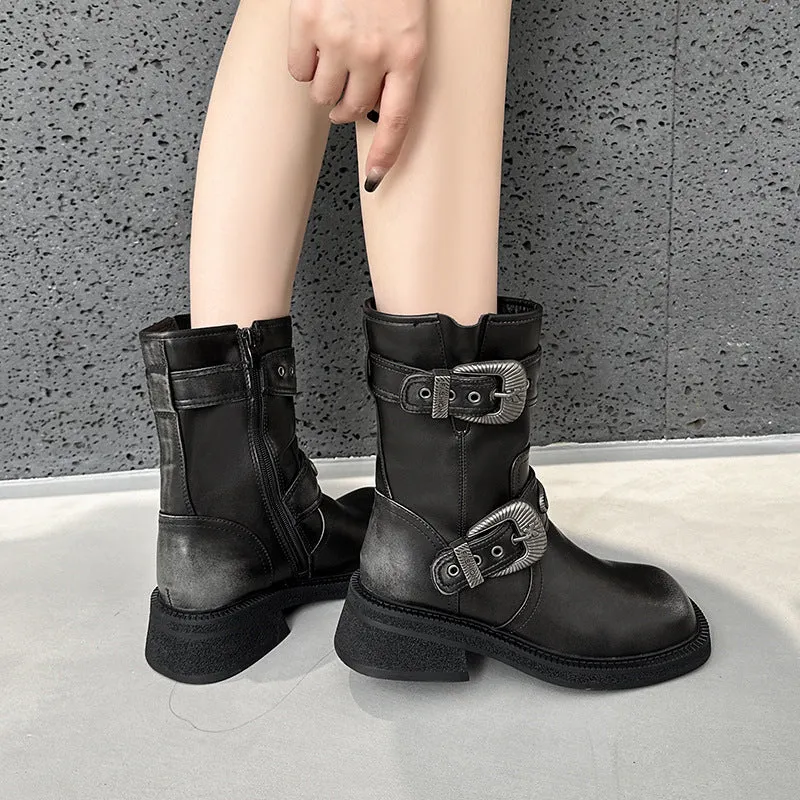 Western Buckle Square Toe Ankle Boots