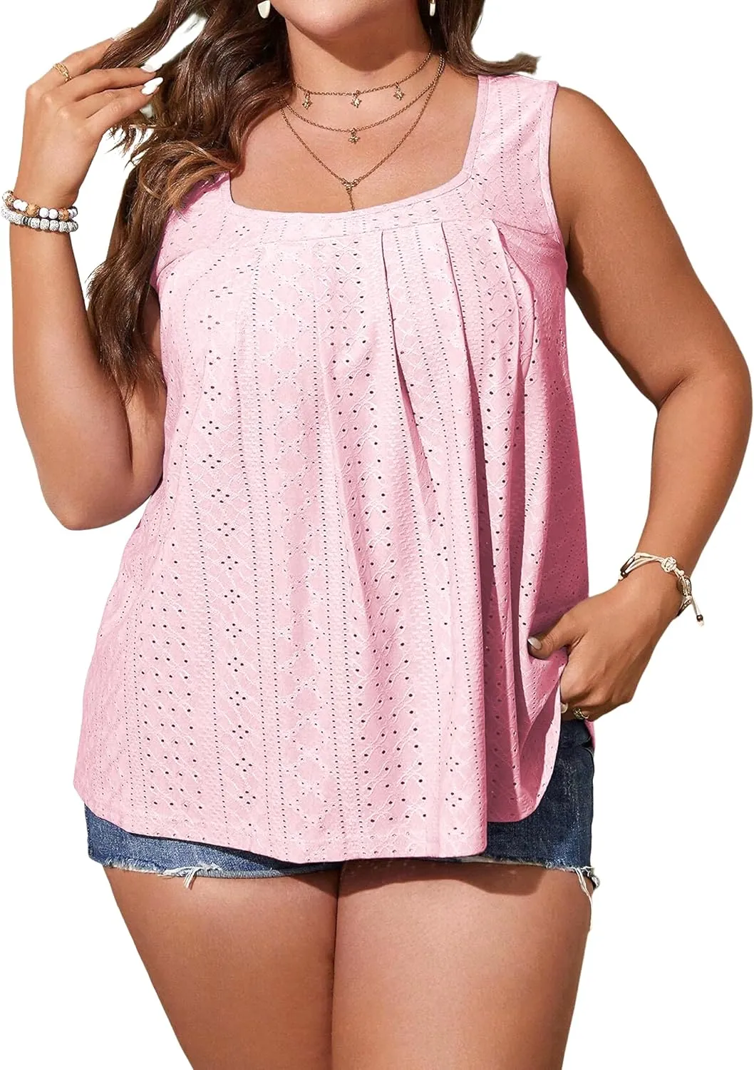 Women Square Neck Summer Sleeveless Tank Tops, Cute Babydoll Tops Fashion Eyelet Tunic Curved Hem Shirts Blouses