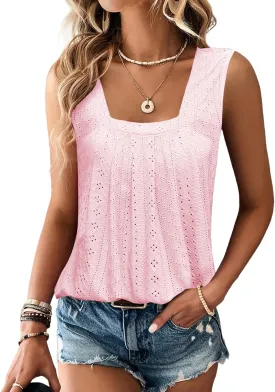 Women Square Neck Summer Sleeveless Tank Tops, Cute Babydoll Tops Fashion Eyelet Tunic Curved Hem Shirts Blouses