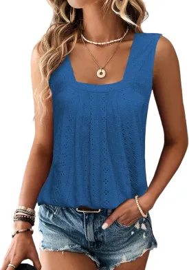 Women Square Neck Summer Sleeveless Tank Tops, Cute Babydoll Tops Fashion Eyelet Tunic Curved Hem Shirts Blouses
