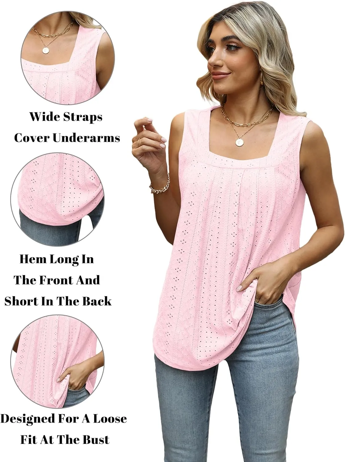 Women Square Neck Summer Sleeveless Tank Tops, Cute Babydoll Tops Fashion Eyelet Tunic Curved Hem Shirts Blouses