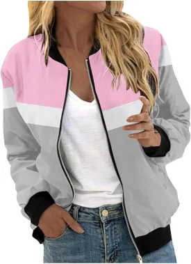 Women's Bomber Jacket Zip Up Long Sleeve Windbreaker Casual Color Block Lightweight Jackets Coats Outwear with Pockets