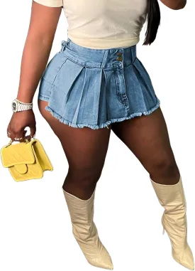 Womens Denim Jeans Skirt Shorts Mini Cargo High Waist Sexy Plus Size Pleated Skorts