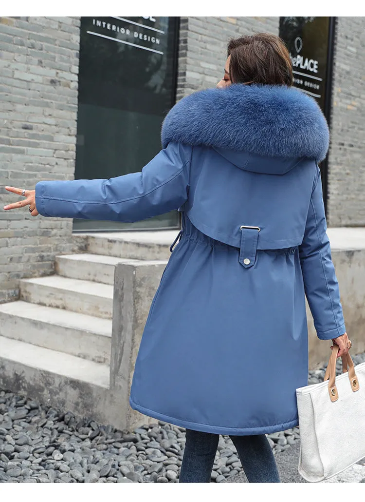 Women's Medium Length Fur Collar Fleece Cotton Jacket
