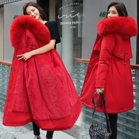 Women's Medium Length Fur Collar Fleece Cotton Jacket