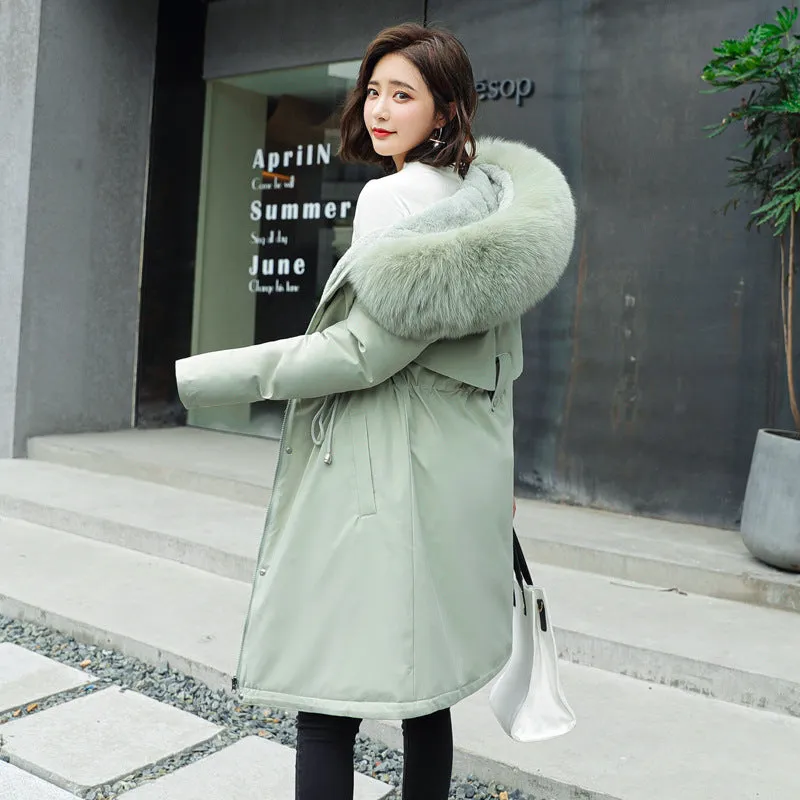 Women's Medium Length Fur Collar Fleece Cotton Jacket