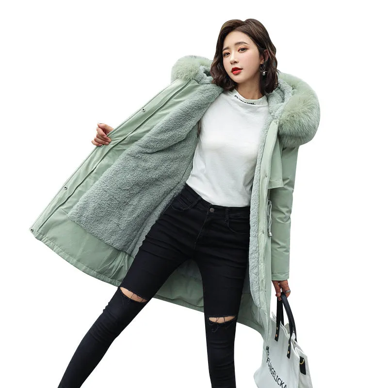Women's Medium Length Fur Collar Fleece Cotton Jacket