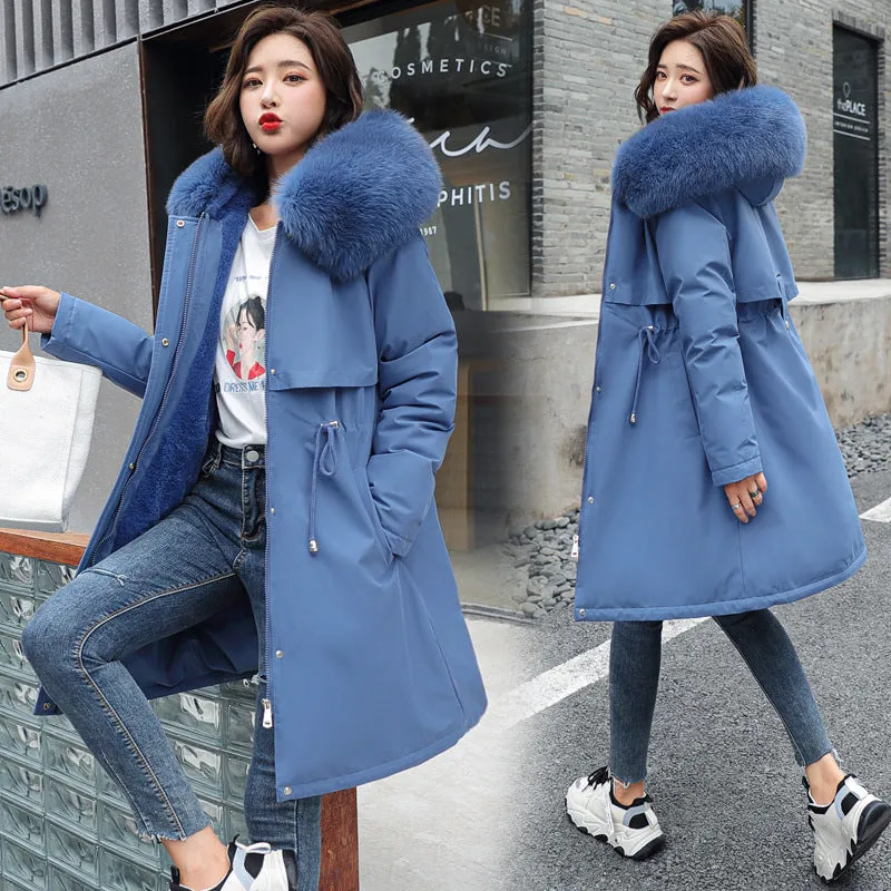 Women's Medium Length Fur Collar Fleece Cotton Jacket