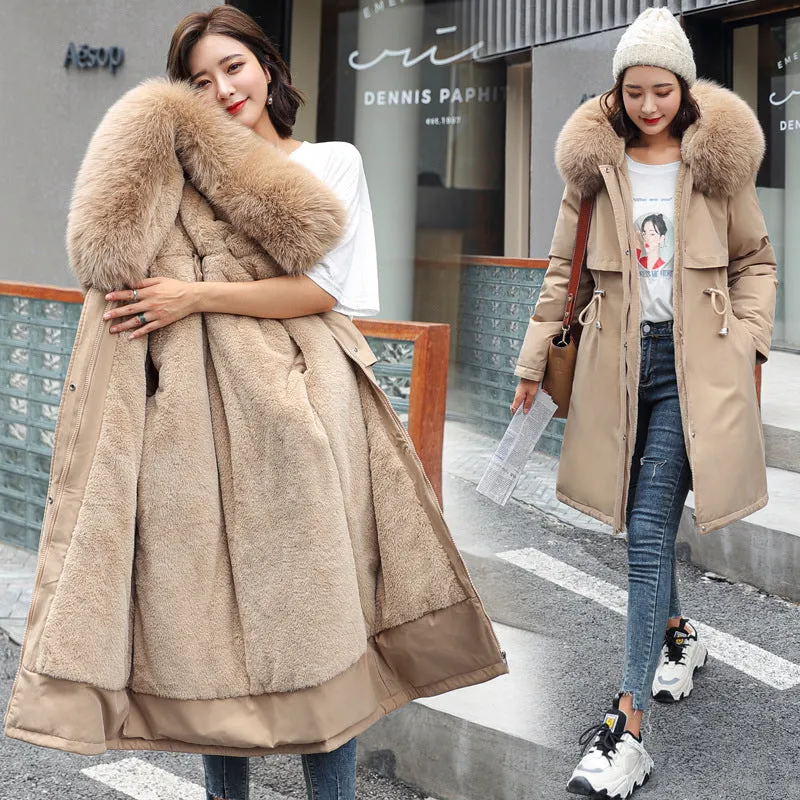 Women's Medium Length Fur Collar Fleece Cotton Jacket