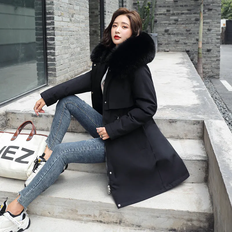 Women's Medium Length Fur Collar Fleece Cotton Jacket