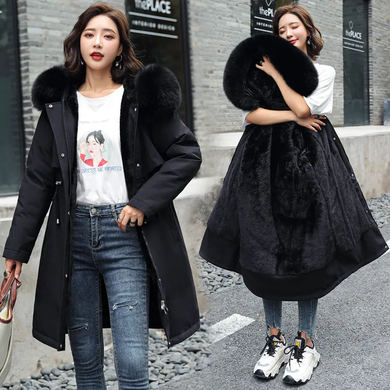 Women's Medium Length Fur Collar Fleece Cotton Jacket