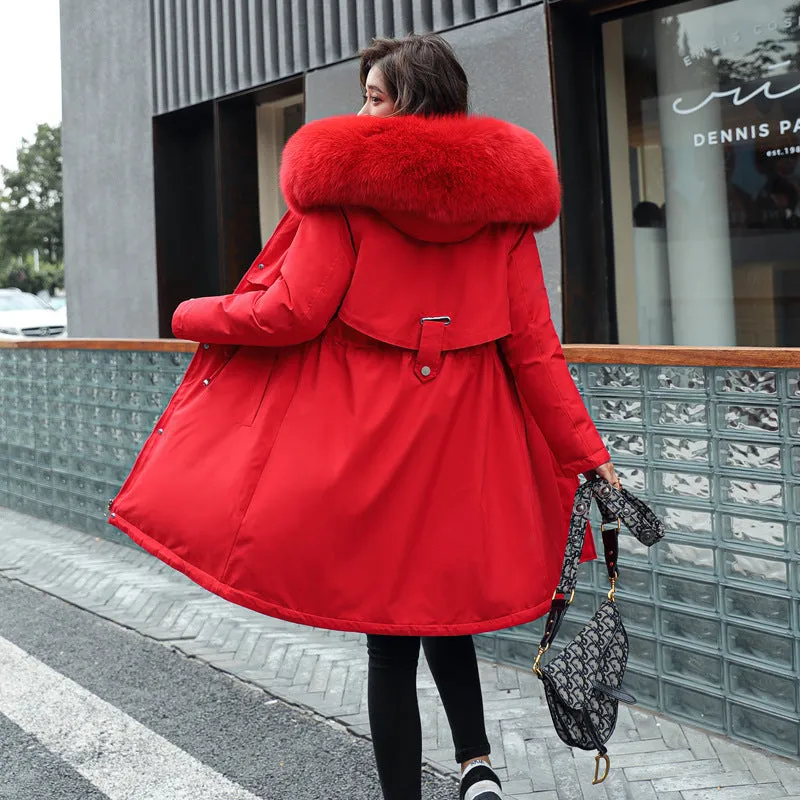 Women's Medium Length Fur Collar Fleece Cotton Jacket