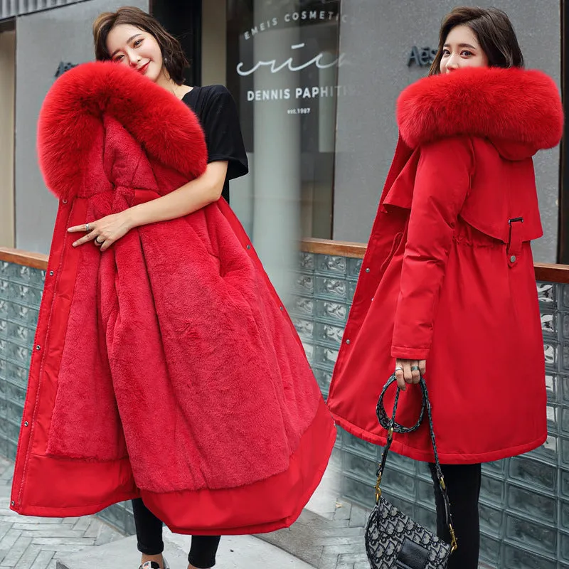 Women's Medium Length Fur Collar Fleece Cotton Jacket
