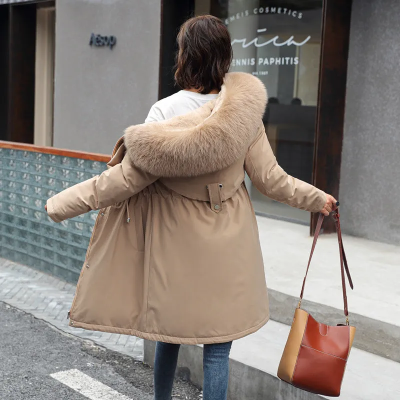 Women's Medium Length Fur Collar Fleece Cotton Jacket