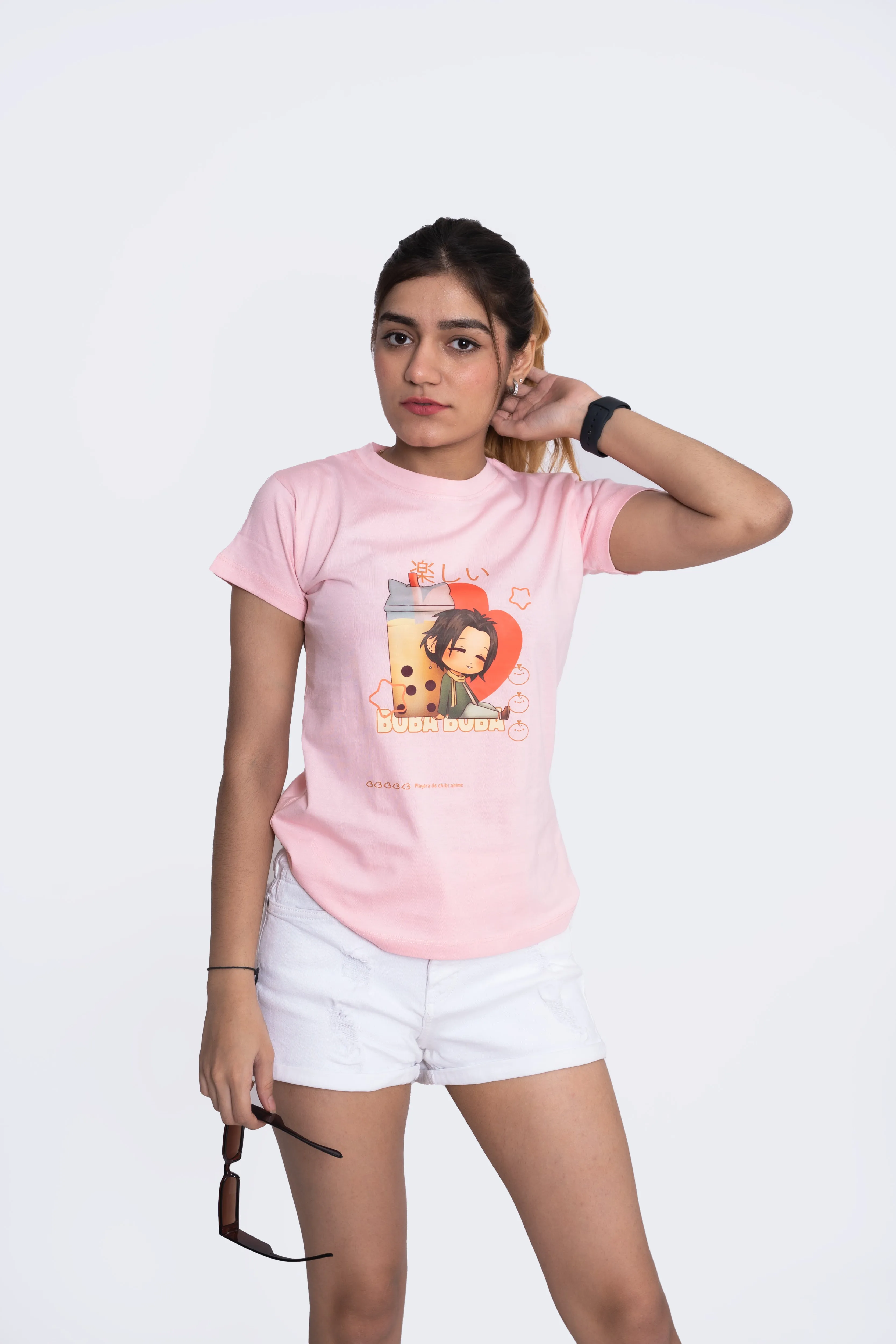 Women's Pink Boba Boba Graphic Printed Classic Fit Tshirt