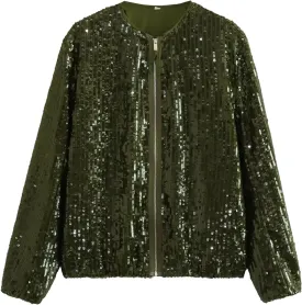 Women's Sequin Jackets Long Sleeve 2023 Winter Baseball Coats Full Zip Sweatshirts Trendy Elegant Party Outwear Tops