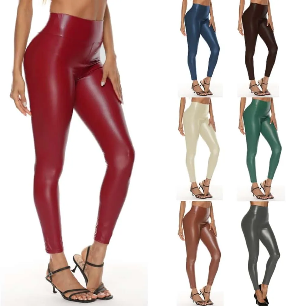 YOXUA Women's Soft Stretchy Faux Leather Leggings Pants High Waisted Pants PU Slim Pleather Pants Tights