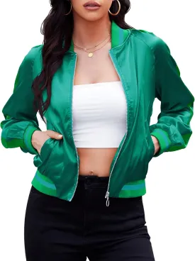 Zando Bomber Jacket Women Lightweight Cropped Jacket Zip Up Casual Striped Jacket Trendy Outerwear Windbreaker with Pockets