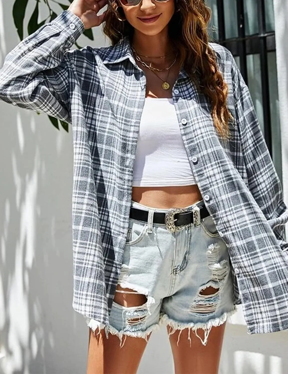 Zontroldy Womens Flannel Plaid Shirts Oversized Lightweight Buffalo Plaid Button Down Shirt Blouse Tops