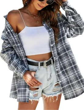 Zontroldy Womens Flannel Plaid Shirts Oversized Lightweight Buffalo Plaid Button Down Shirt Blouse Tops