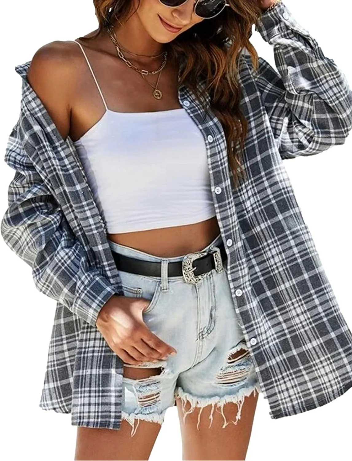 Zontroldy Womens Flannel Plaid Shirts Oversized Lightweight Buffalo Plaid Button Down Shirt Blouse Tops